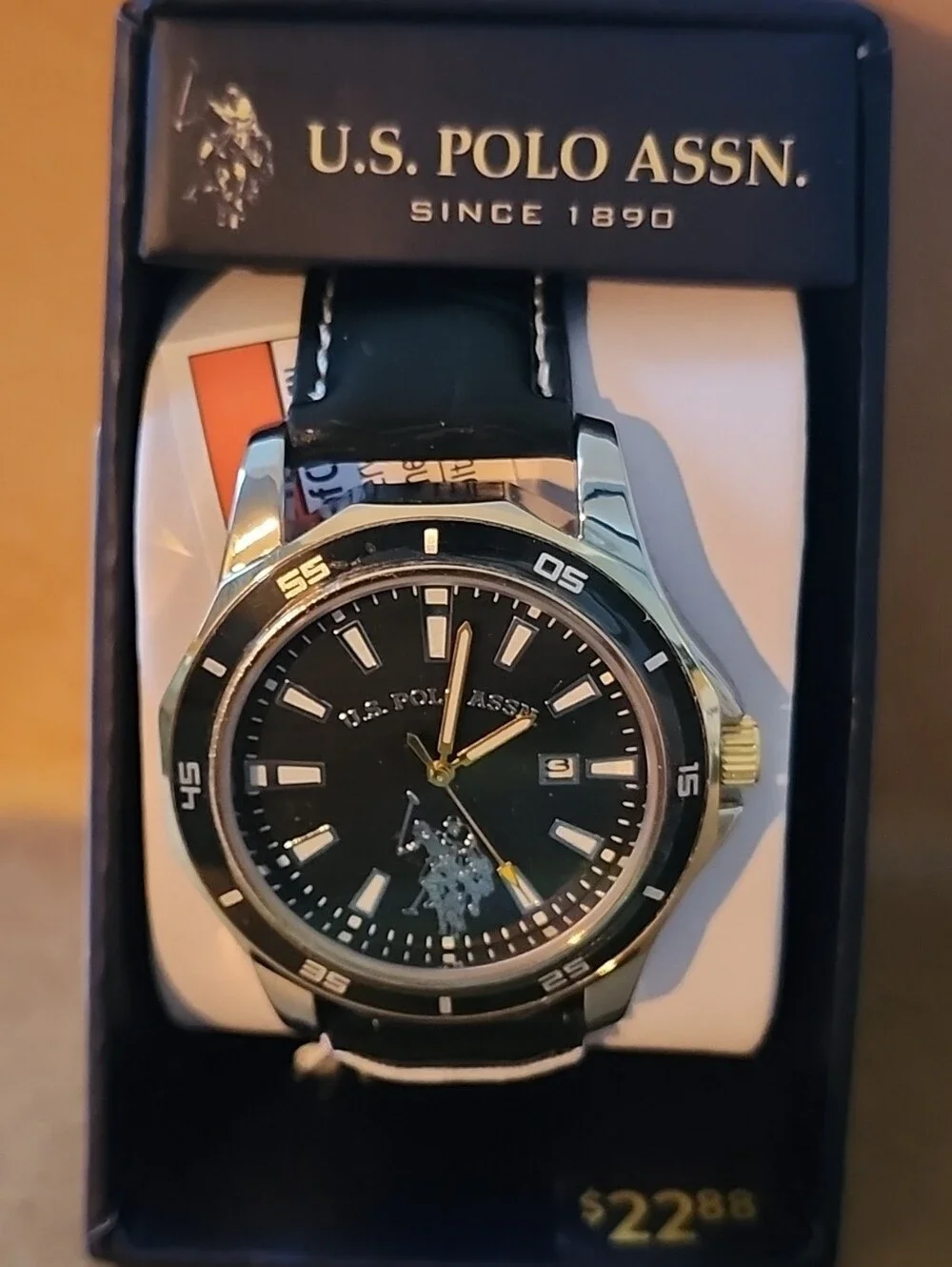 U.S. Polo Assn. Black Dial Watch with Black Leather Strap and Gold Accents